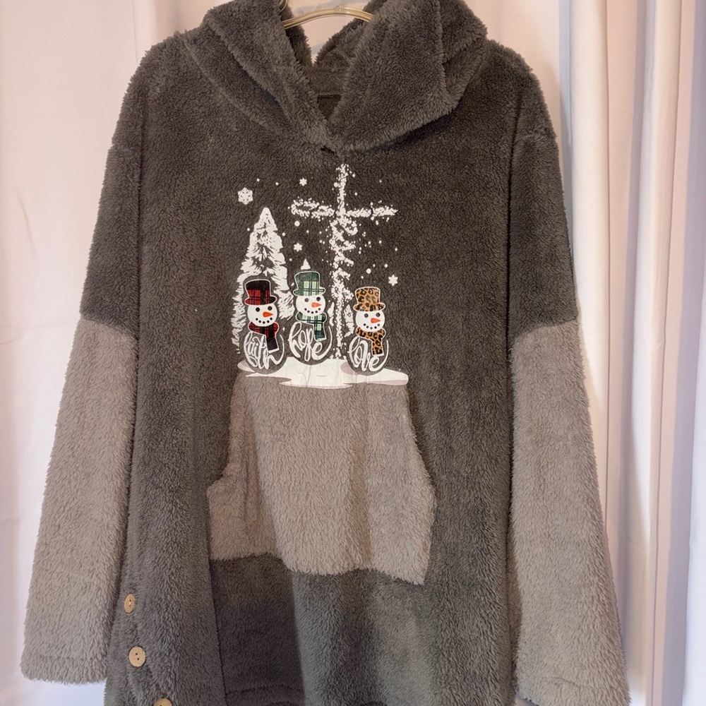 Cozy Kids Hooded Pullover Jacket - Gray Snowman Print